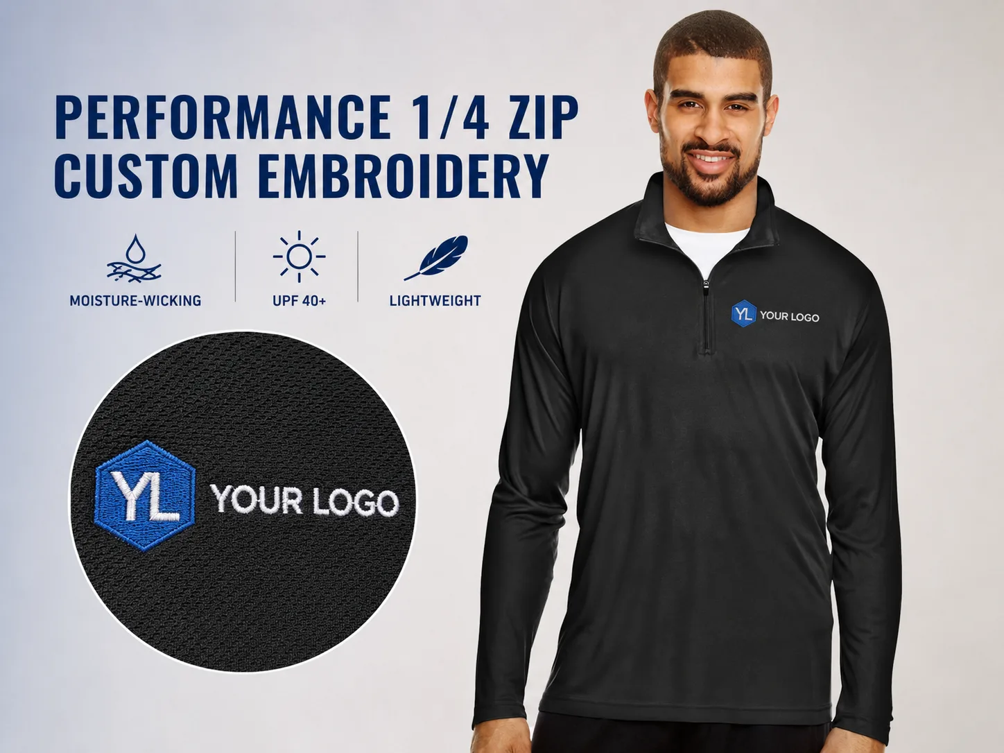 Illustrative black quarter-zip with a sample Your Logo chest embroidery and detail view